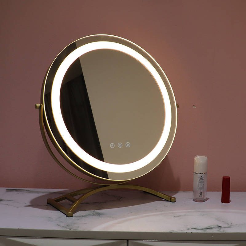Best Selling Metal Framed Round Vanity Table Desktop Mirror with LED Touch Screen Makeup Three Color Switchable Smart Mirror - WOSEN Mirror