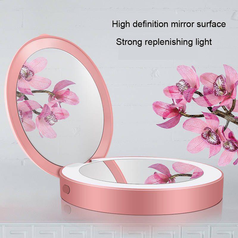 1shk1t4cg1t6683.jpg Round Shape Portable Double Sides LED Light Small Makeup Pocket Mirror with Power Bank for Charge to Cell Phone Makeup Mirror - WOSEN Mirror