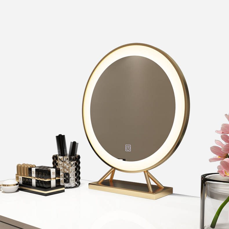 Table Makeup Mirror Golden Frame Metal Frame Desktop LED Light Mirror Desktop Round Mirror With Led Lights - WOSEN Mirror