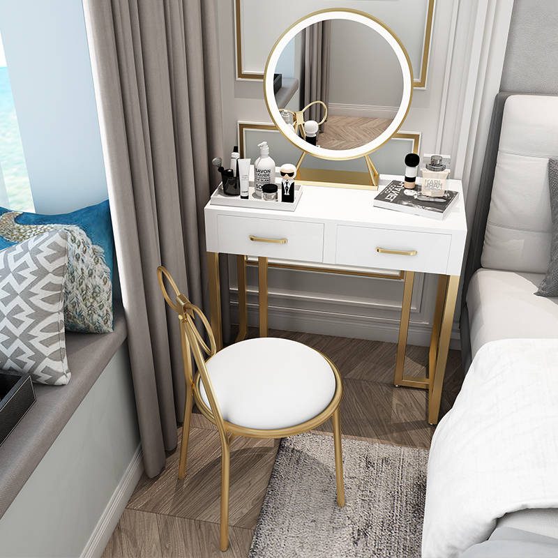 1xgveqselbl8010.jpg Table Makeup Mirror Golden Frame Metal Frame Desktop LED Light Mirror Desktop Round Mirror With Led Lights - WOSEN Mirror