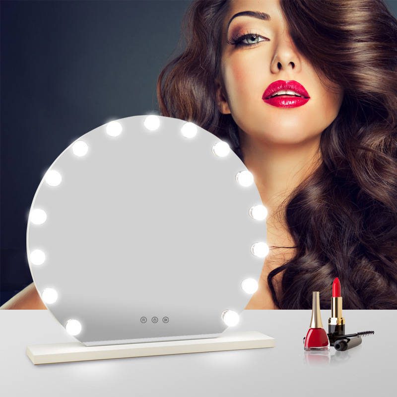 20r5akssxkm7330.jpg Frameless Round Desktop Makeup Mirror Dressing Table Standing Touch Screen hollywood Style LED Vanity Mirror with Dimmer Bulbs - WOSEN Mirror