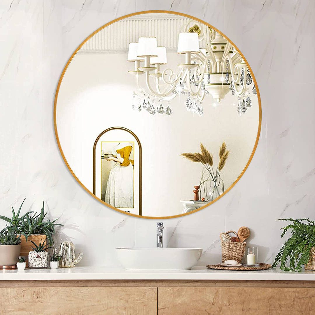 40bxdndovtv2585.jpg Simple Household Bathroom Mirror Gold Round Wall Mirror for Hotel Aluminum Alloy Framed Wall Mounted Mirror - WOSEN Mirror