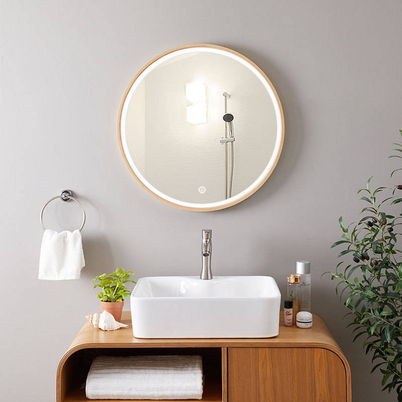 4vt1ym01vnz10569.jpg Customized Solid Wood Frame Led Bathroom Mirror with Lights Wall Decor Mounted Smart Round Mirror - WOSEN Mirror