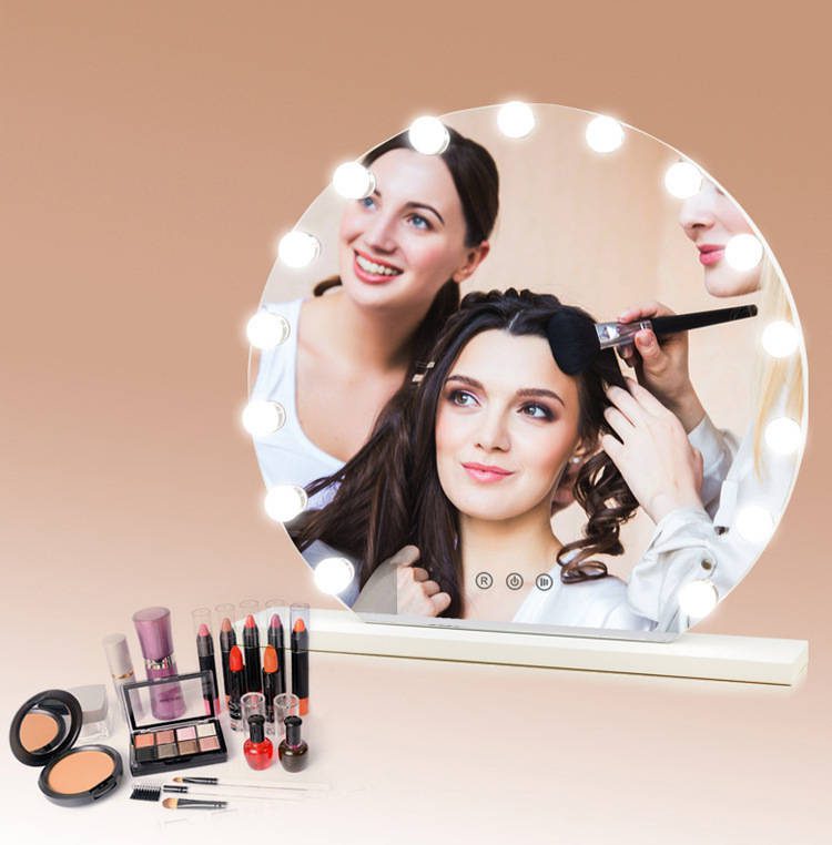 55tsnwwetml7333.jpg Frameless Round Desktop Makeup Mirror Dressing Table Standing Touch Screen hollywood Style LED Vanity Mirror with Dimmer Bulbs - WOSEN Mirror
