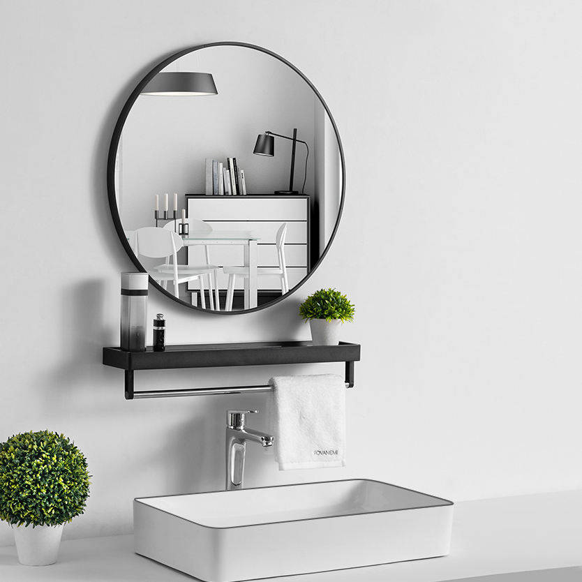 5lj21y5fjun2341.jpg Gold Black Aluminium Frame Round Wall Mirror with Shelf Wall Mounted Wash Face Bathroom Mirror Cabinet - WOSEN Mirror