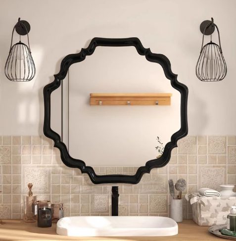 European Retro Modern Wood Bathroom Wall Mirror Custom Made with French Special Shaped Black Hanging Decorative Original Design - WOSEN Mirror