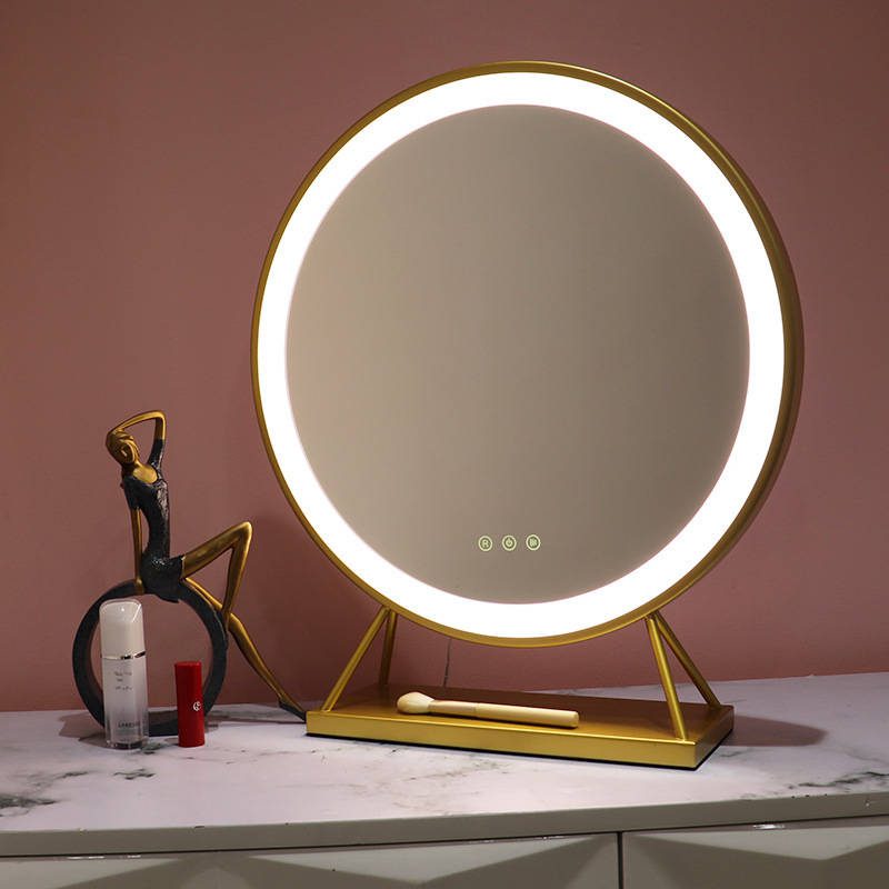 ayoyhxex4s17299.jpg Round Makeup Mirror Dressing Table Standing Touch Screen LED Trapezoidal Storage Base Three Color Switching Vanity Mirror - WOSEN Mirror