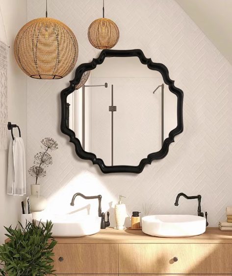 btd2b3e1vx43283.png European Retro Modern Wood Bathroom Wall Mirror Custom Made with French Special Shaped Black Hanging Decorative Original Design - WOSEN Mirror