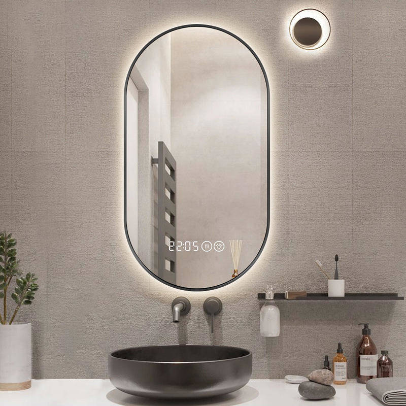 d3pr51p54uu3525.jpg Hot Sale Illuminated Smart Bathroom Mirror with Anti-fog Oval Aluminum Alloy Frame LED Wall Hanging Modern Design for Home Hotel - WOSEN Mirror