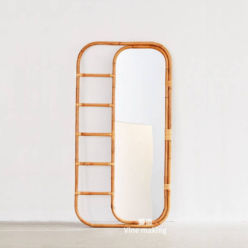 Real Rattan Full-Length Vanity Mirror Retro Large Framed Dressing Room Mirror Contemporary Design - WOSEN Mirror