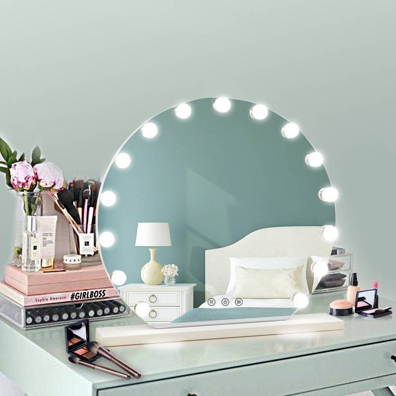 Frameless Round Desktop Makeup Mirror Dressing Table Standing Touch Screen hollywood Style LED Vanity Mirror with Dimmer Bulbs - WOSEN Mirror