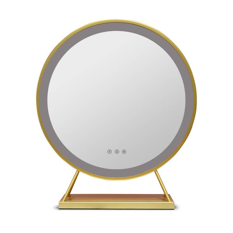 g05mgznzyil7303.jpg Round Makeup Mirror Dressing Table Standing Touch Screen LED Trapezoidal Storage Base Three Color Switching Vanity Mirror - WOSEN Mirror