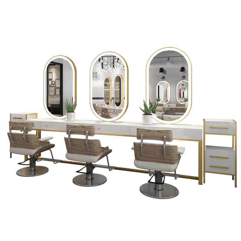 goweyljork54326.jpg Beauty Salon Hair Salon Golden Frame Desktop LED Lighting Smart Mirror Smart Mirror Lit by Barber Shop in Beauty Salon - WOSEN Mirror