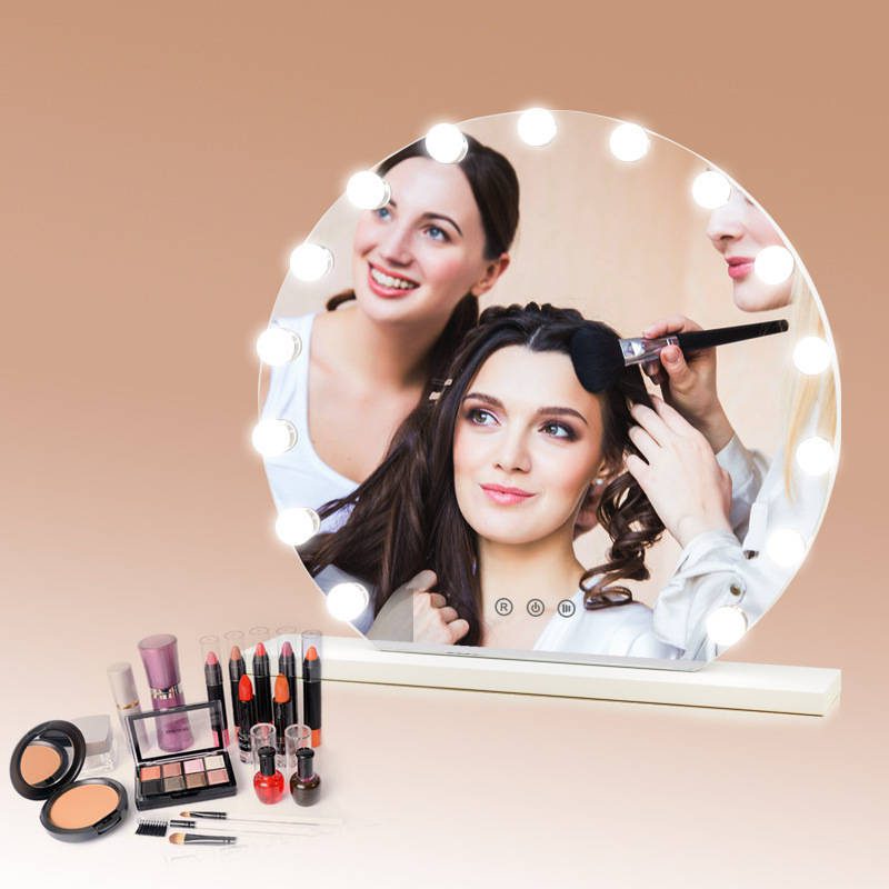 hlmptnranrb7331.jpg Frameless Round Desktop Makeup Mirror Dressing Table Standing Touch Screen hollywood Style LED Vanity Mirror with Dimmer Bulbs - WOSEN Mirror