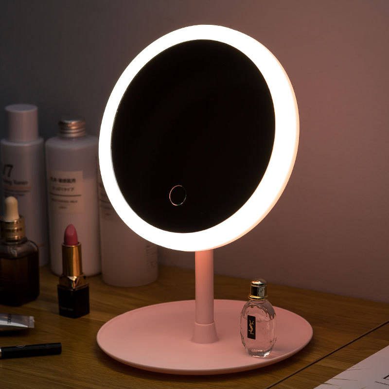 Girl’s Dressing Table Led Makeup Mirror Smart Desktop Mirror Fashion pink Small Round Mirrors - WOSEN Mirror