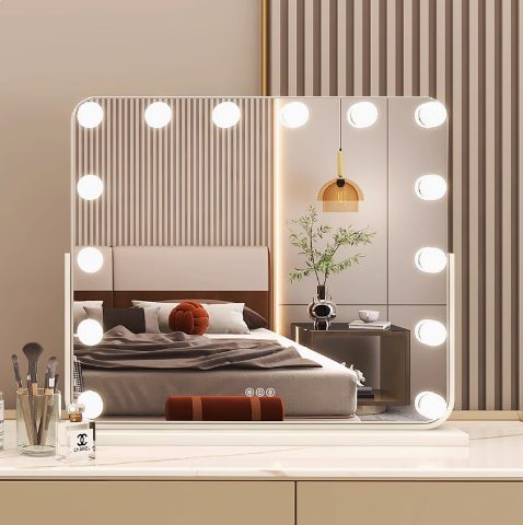 Desktop Led Light Bulb Makeup Mirror With Light Square Large Rotatable Charging Intelligent Fill Light Makeup Mirror - WOSEN Mirror