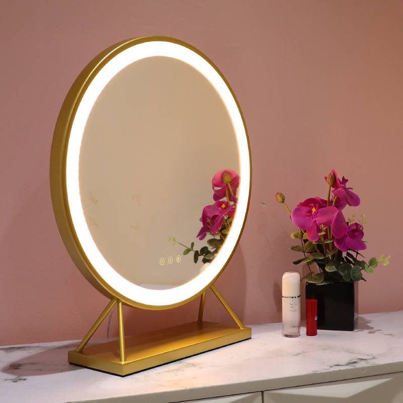 ongbvl0s25z7301.jpg Round Makeup Mirror Dressing Table Standing Touch Screen LED Trapezoidal Storage Base Three Color Switching Vanity Mirror - WOSEN Mirror