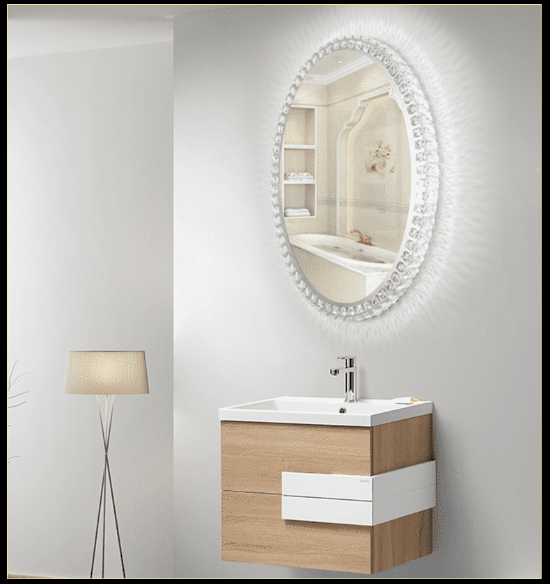 rfu1lb5pj4n3635.png Modern round Anti-Fog LED Bathroom Mirror with Crystal Lamp Wall Hanging Smart Mirror with Hand Washing Feature Metal Frame - WOSEN Mirror