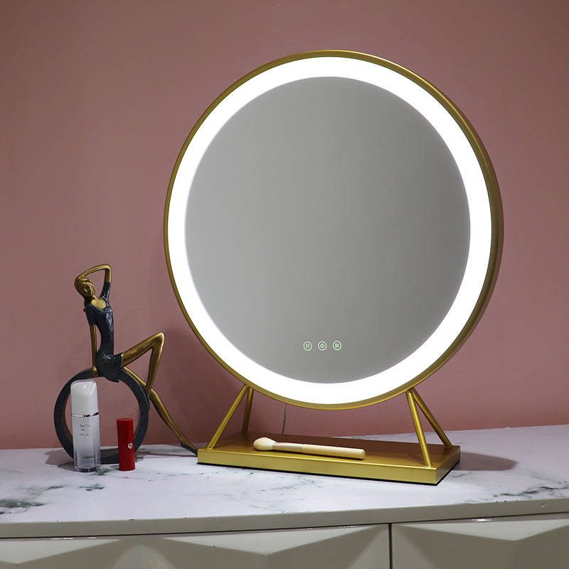 scvrashmuuk7300.jpg Round Makeup Mirror Dressing Table Standing Touch Screen LED Trapezoidal Storage Base Three Color Switching Vanity Mirror - WOSEN Mirror