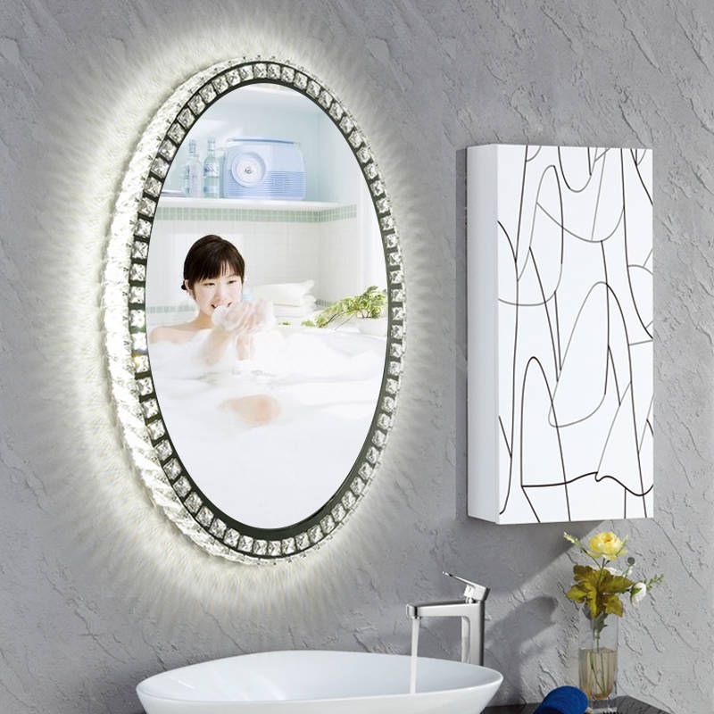 v0jgwtfak5y3634.jpg Modern round Anti-Fog LED Bathroom Mirror with Crystal Lamp Wall Hanging Smart Mirror with Hand Washing Feature Metal Frame - WOSEN Mirror