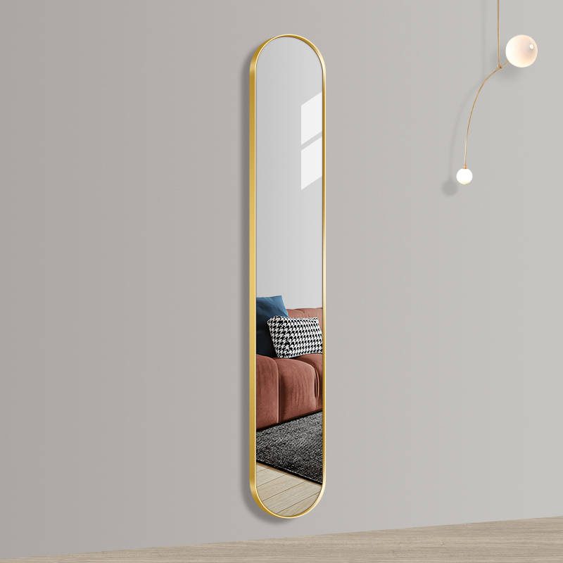 wdzhjylmbbg16468.jpg Nordic Long Arch Ultra-Narrow Wall Hanging Dressing Mirror Gold Metal Frame with Full Length Oval Glass for Bedroom - WOSEN Mirror