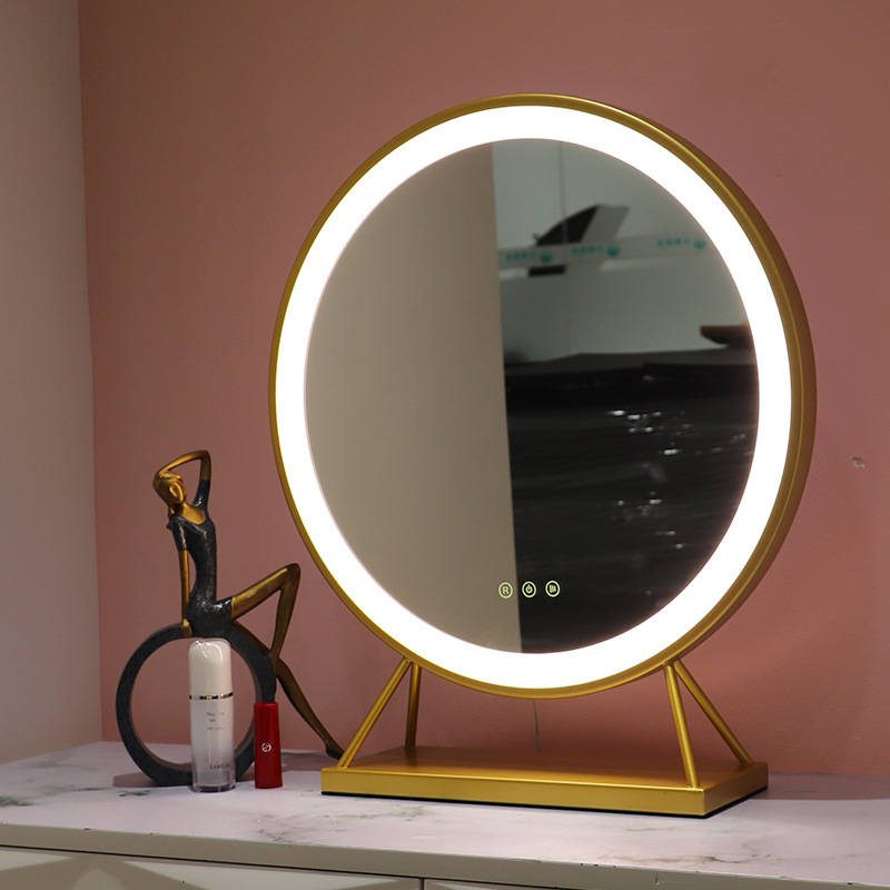 Round Makeup Mirror Dressing Table Standing Touch Screen LED Trapezoidal Storage Base Three Color Switching Vanity Mirror - WOSEN Mirror