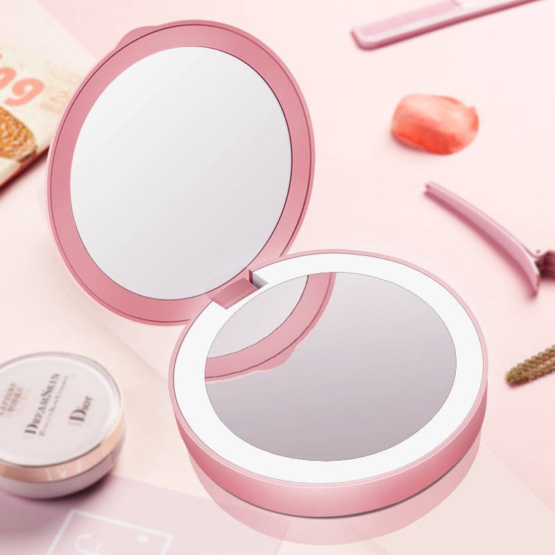 Round Shape Portable Double Sides LED Light Small Makeup Pocket Mirror with Power Bank for Charge to Cell Phone Makeup Mirror - WOSEN Mirror