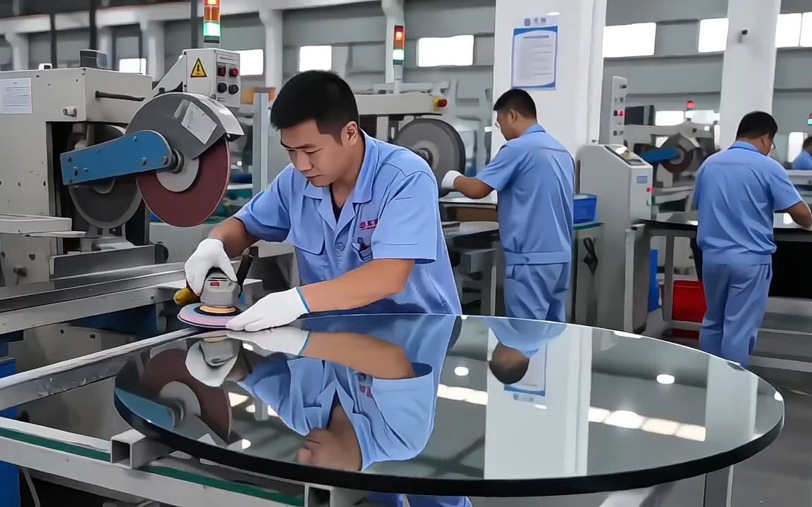 A WOSEN worker edge-polishing an oval mirror at the bench