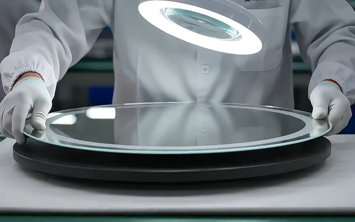 Gloved hands polishing a round mirror at the WOSEN factory